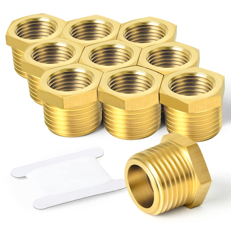 TAISHER 10PCS Brass Reducer Hex Bushing Threaded Pipe Fitting 3/8" NPT Male x 1/4" NPT Female Adapter - Image 1